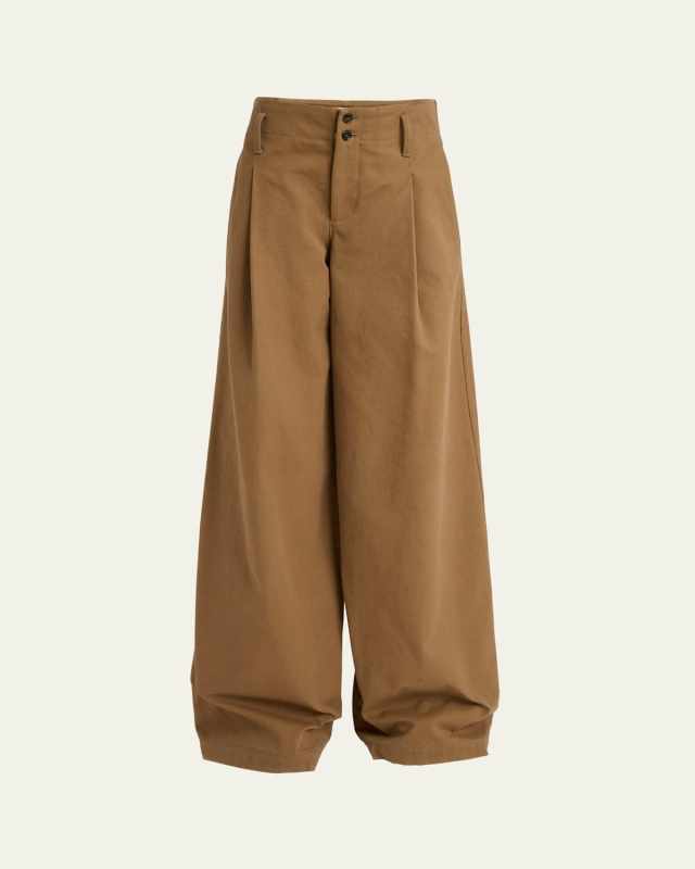 Pleated Wide-Leg Cotton Trousers